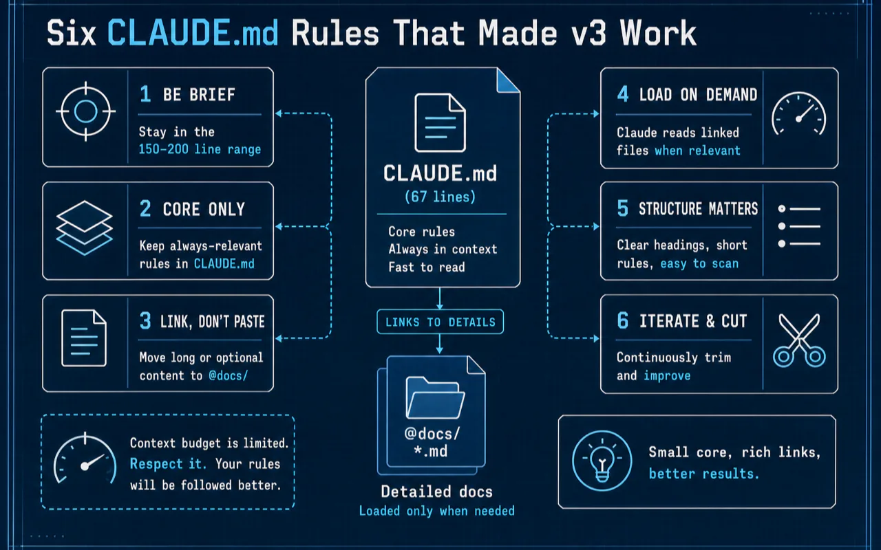 Six CLAUDE.md Rules That Made v3 Work technical diagram for Claude.md in 67 Lines: What 3 Rewrites Taught Me