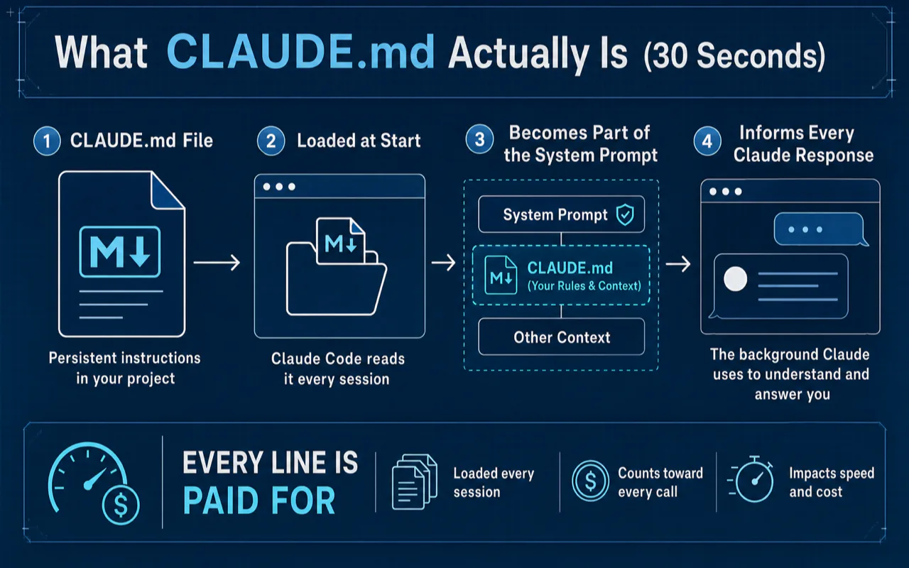What CLAUDE.md Actually Is (30 Seconds) technical diagram for Claude.md in 67 Lines: What 3 Rewrites Taught Me