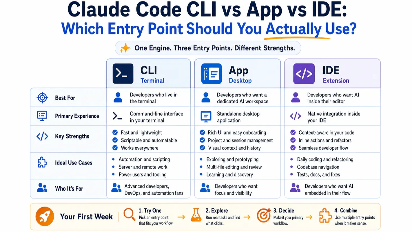 Claude Code CLI vs App vs IDE: Which Entry Point Should You Actually Use? technical illustration for AI Workflow Pro readers