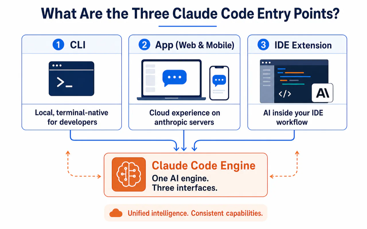 What Are the Three Claude Code Entry Points? illustration for Claude Code CLI vs App vs IDE: Which Entry Point Should You Actually Use?