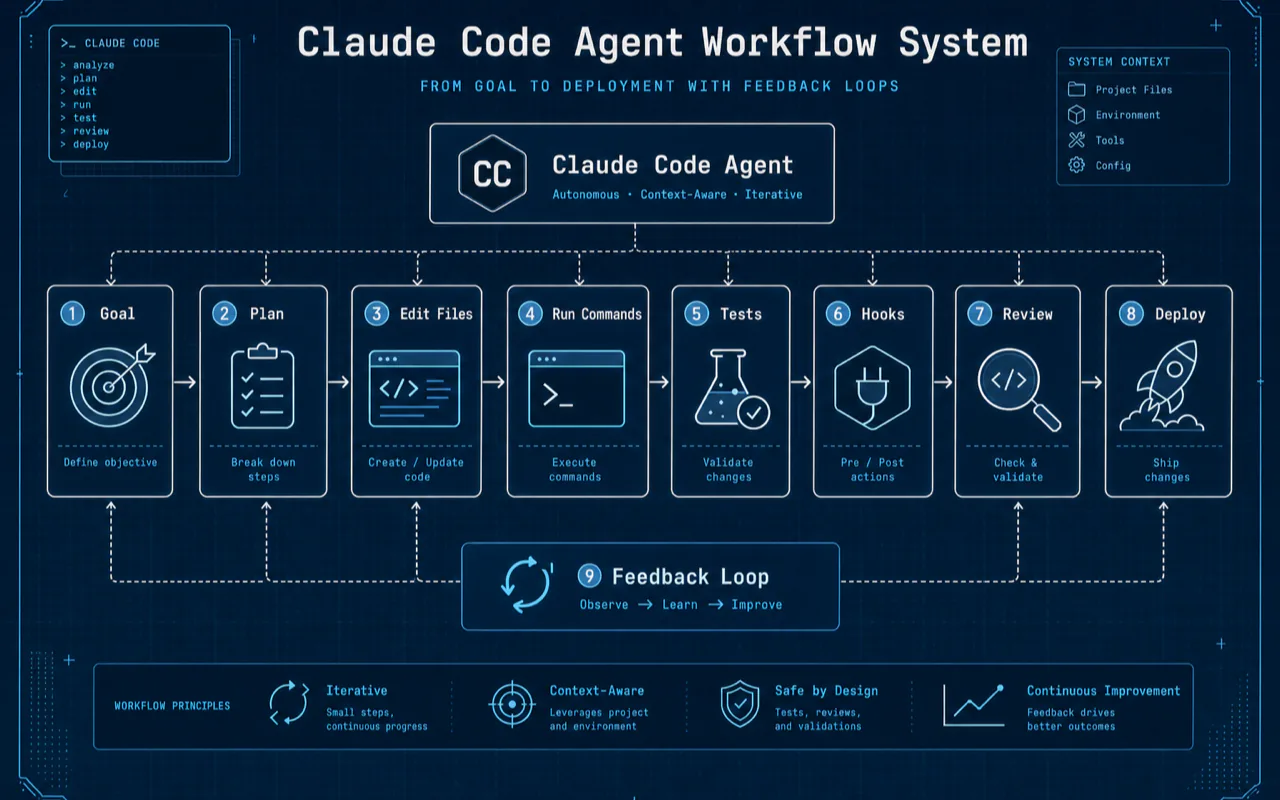 Claude Code agent workflow architecture diagram showing goal planning, file edits, command execution, tests, hooks, review, deployment, and feedback loops