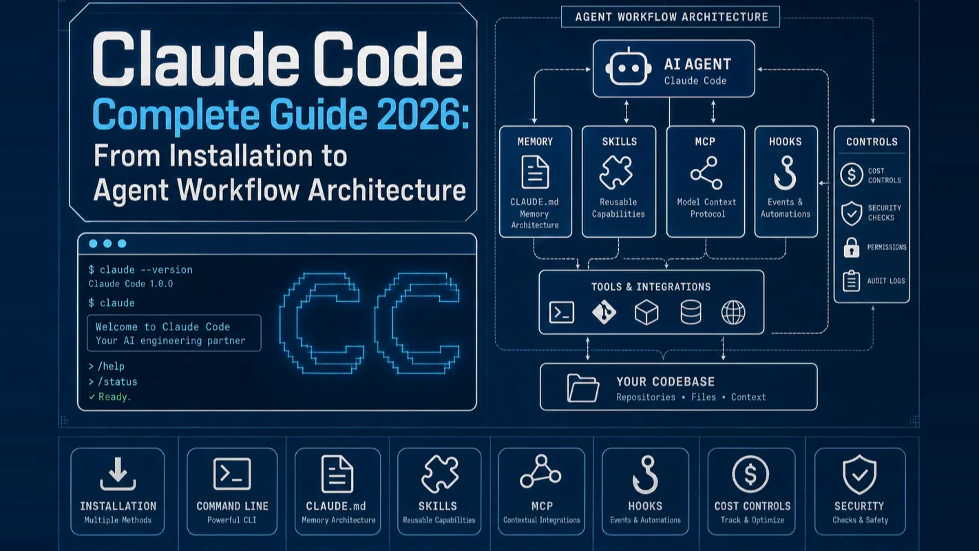 Claude Code Complete Guide 2026 technical blueprint showing a terminal coding agent connected to CLAUDE.md memory, Skills, MCP, hooks, cost controls, security checks, and codebase workflow architecture