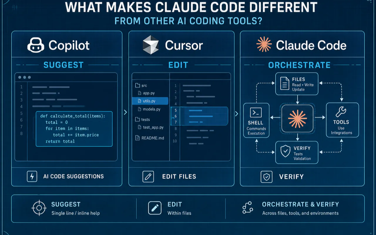 Comparison diagram showing Copilot code suggestions, Cursor file editing, and Claude Code orchestration with files, shell commands, tools, and verification