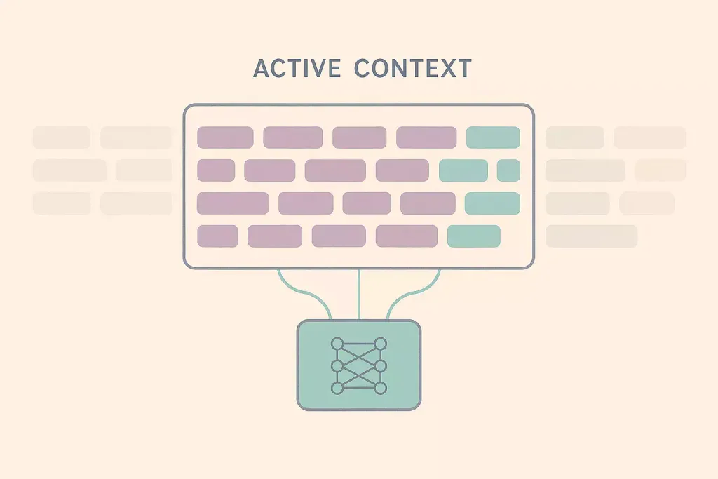 Diagram of an LLM active context window with tokens inside and outside