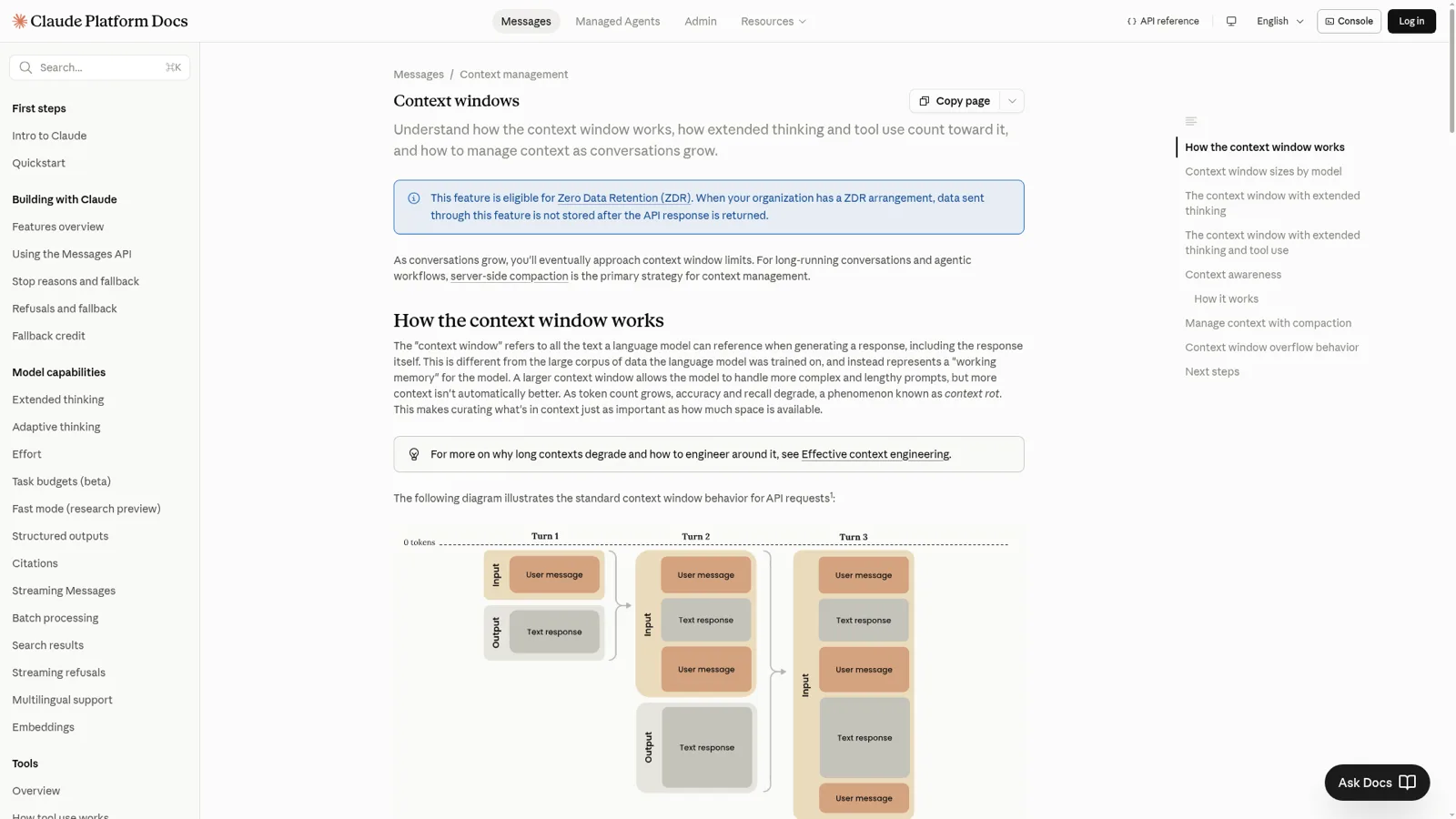 Claude platform docs on context windows, context rot, and compaction