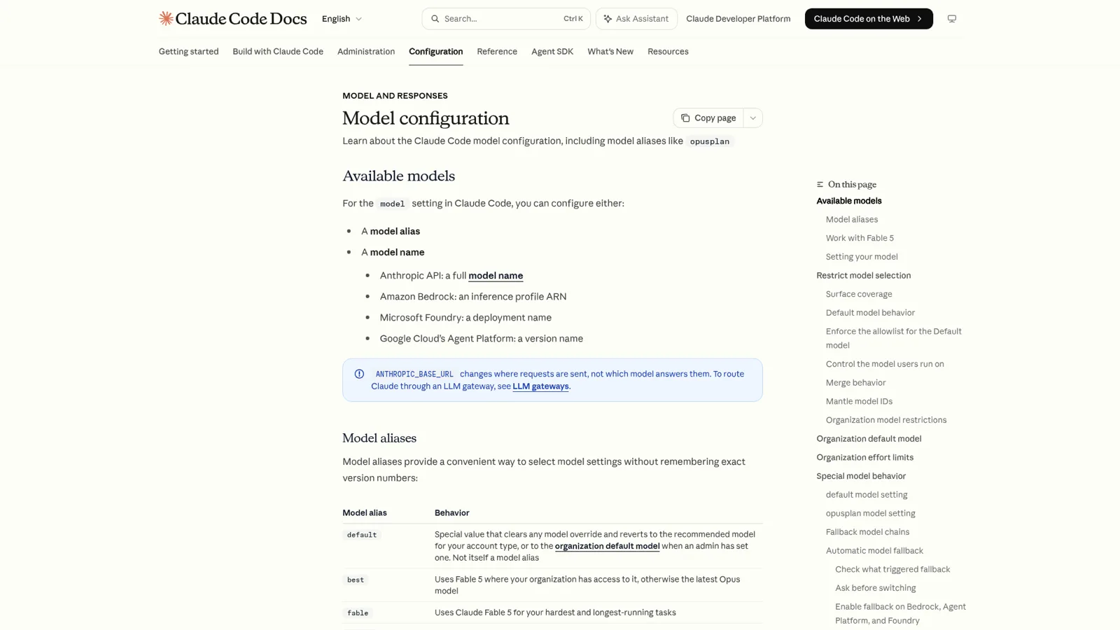 Claude Code model configuration documentation page for setting the model