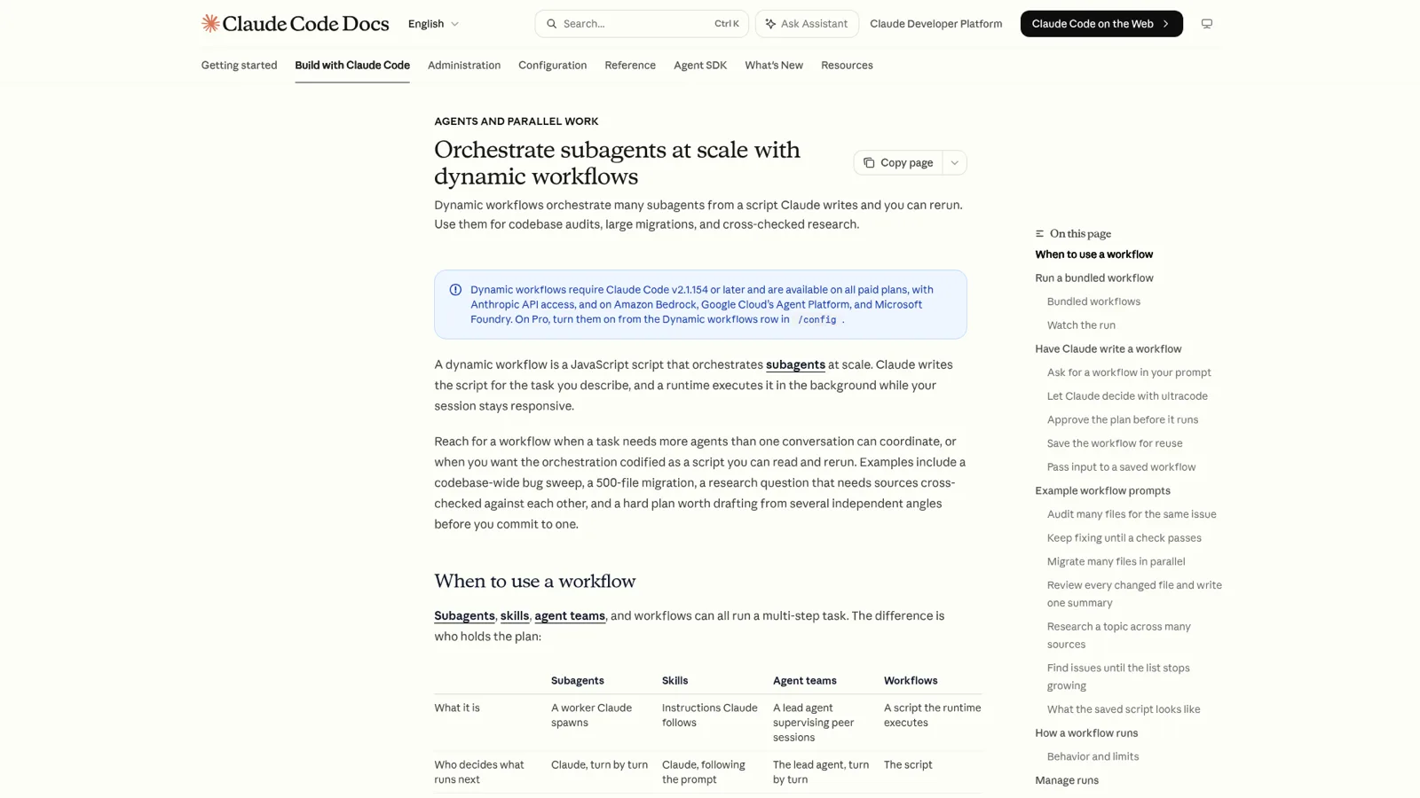 Claude Code docs page on orchestrating subagents at scale with dynamic workflows