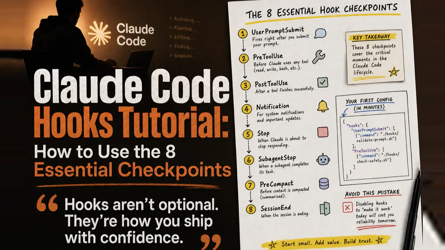 Claude Code Hooks Tutorial: How to Use the 8 Essential Checkpoints technical illustration for AI Workflow Pro readers