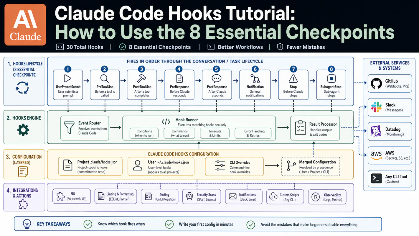 Claude Code Hooks Tutorial: How to Use the 8 Essential Checkpoints technical illustration for AI Workflow Pro readers