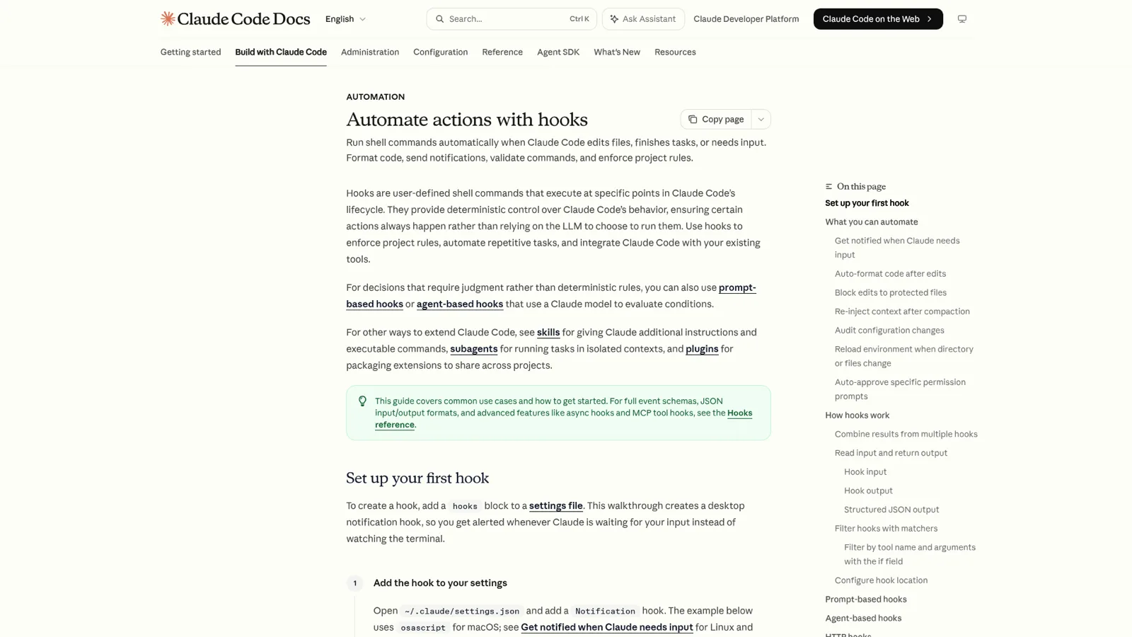 Claude Code docs guide on setting up your first automation hook