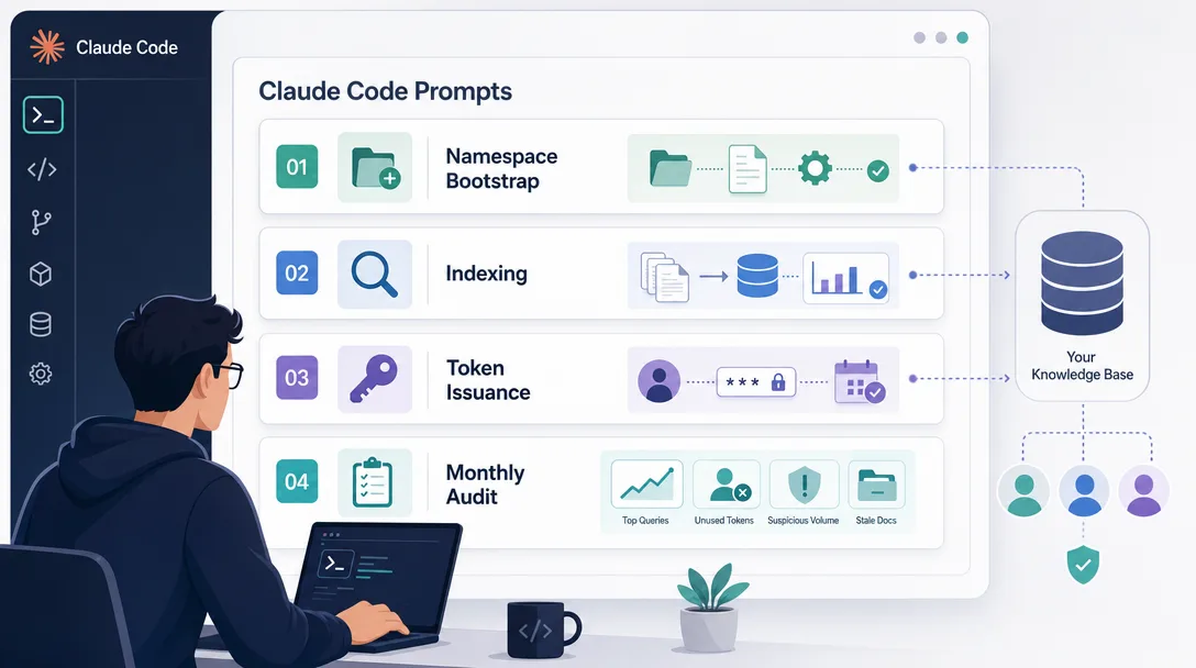 Design system illustration of four reusable Claude Code prompt cards for KB bootstrap, indexing, token issuance, and monthly audit.