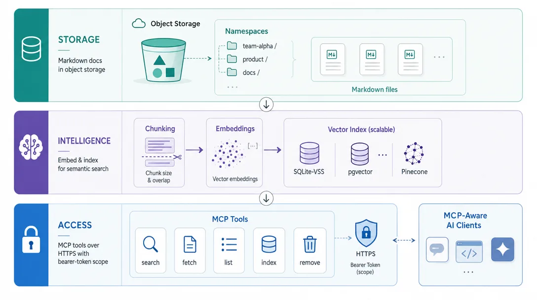 Design system illustration of a three-tier knowledge base with storage, intelligence, and MCP access lanes.