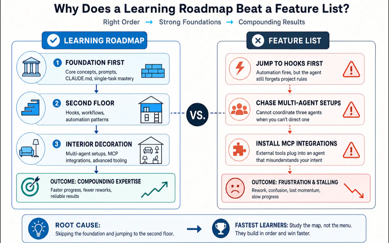 Why Does a Learning Roadmap Beat a Feature List? illustration for Claude Code Learning Roadmap: 13-Point Knowledge Map From Beginner to