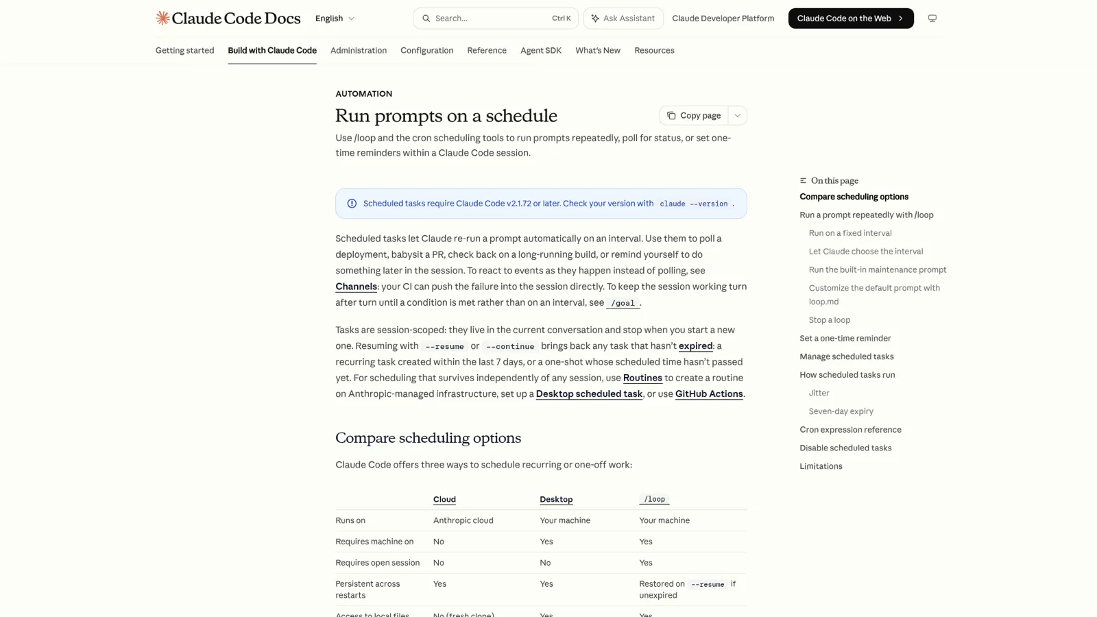Claude Code docs on running prompts on a schedule with the loop command
