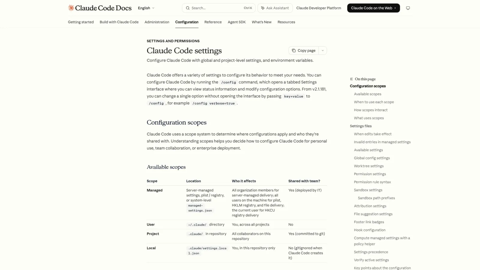 Claude Code settings docs showing configuration scope priority table