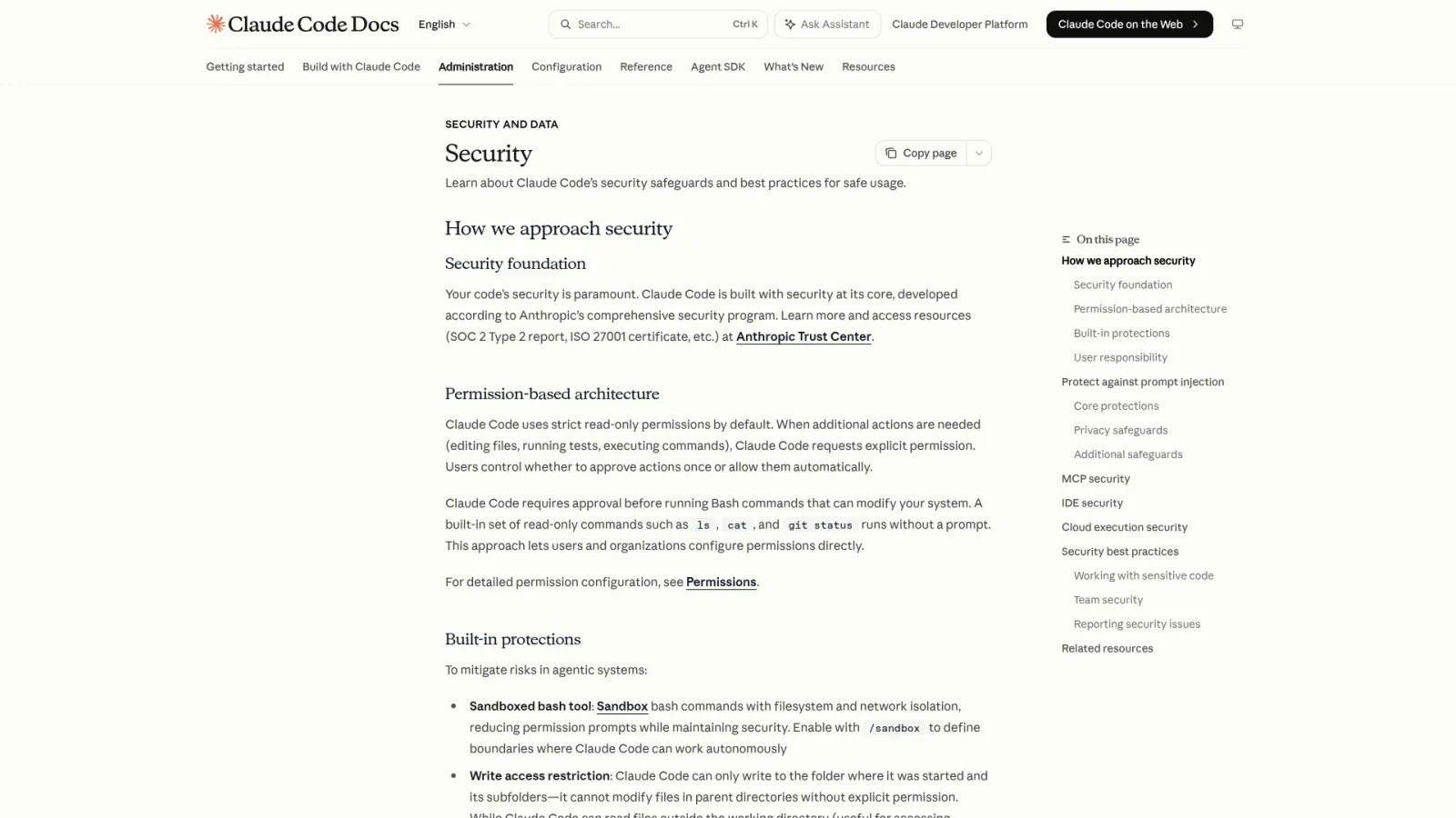 Claude Code security docs explaining its permission-based architecture
