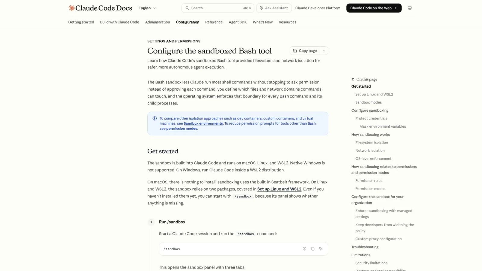 Claude Code sandboxed Bash tool docs for filesystem and network isolation
