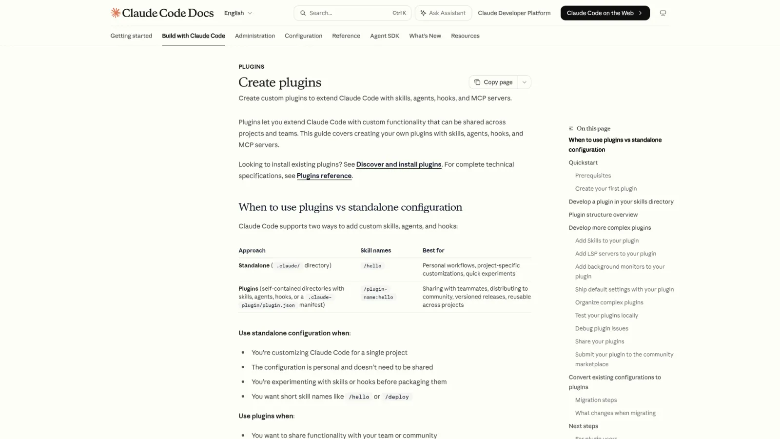 Claude Code Create plugins docs comparing standalone config versus plugins