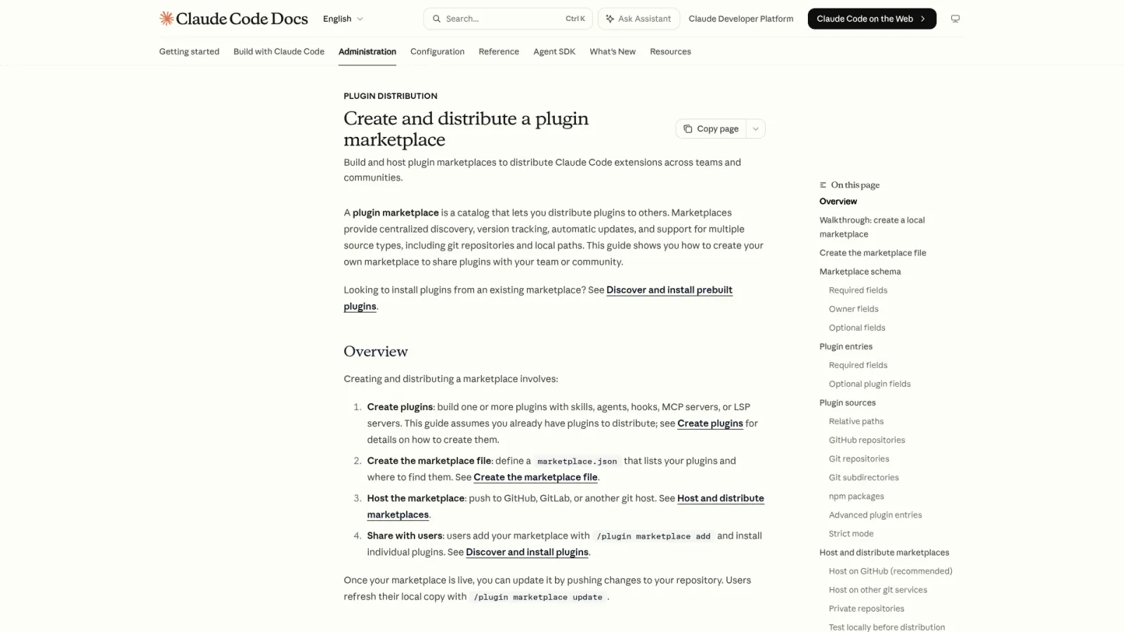 Claude Code docs on creating and distributing a plugin marketplace