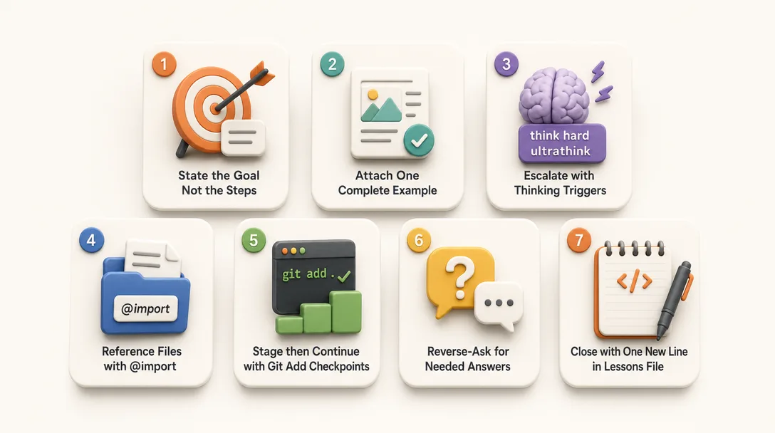3D icon illustration of seven Claude Code prompt patterns ordered by daily ROI.