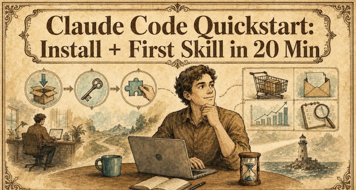 Aged paper vintage cover for a 20-minute Claude Code quickstart covering install, API key, and the first Skill.