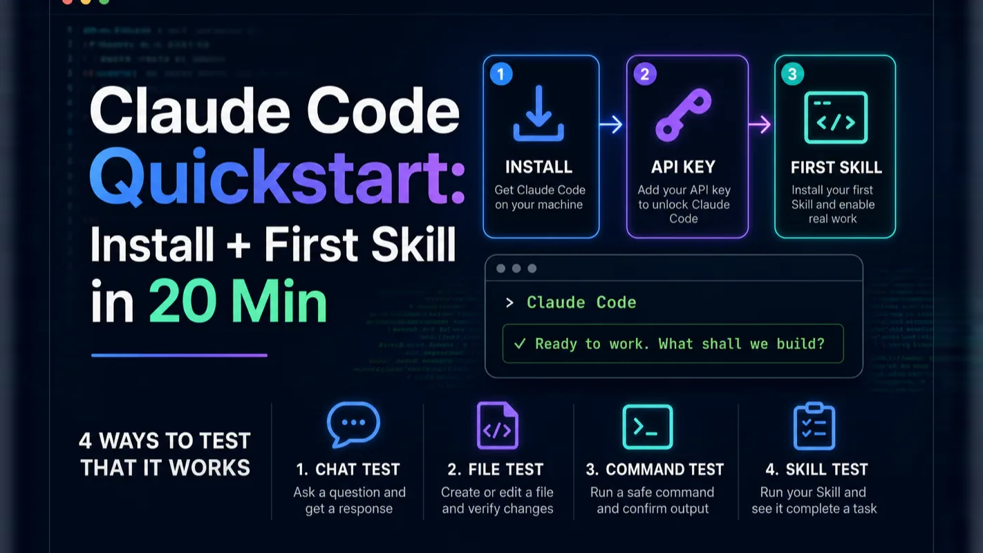 Claude Code Quickstart: Install + First Skill in 20 Min technical illustration for AI Workflow Pro readers
