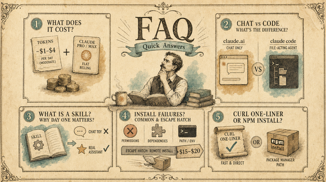 Aged paper vintage illustration of an FAQ panel covering cost, Claude.ai vs Claude Code, Skills, install failures, and curl vs npm.
