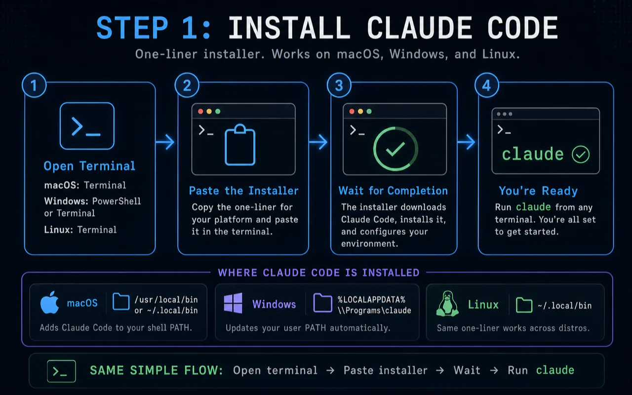 Step 1: Install Claude Code technical diagram for Claude Code Quickstart: Install + First Skill in 20 Min