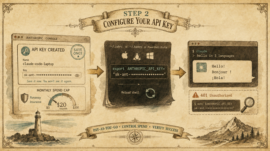 Aged paper vintage illustration of an Anthropic API key being created with a $20 monthly cap and exported into a shell profile.