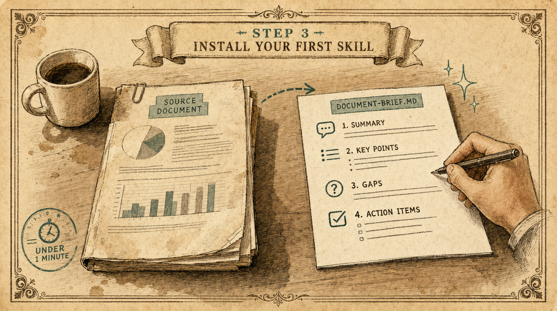 Aged paper vintage illustration of the document-brief Skill reading a PDF and writing a four-section Markdown brief beside it.