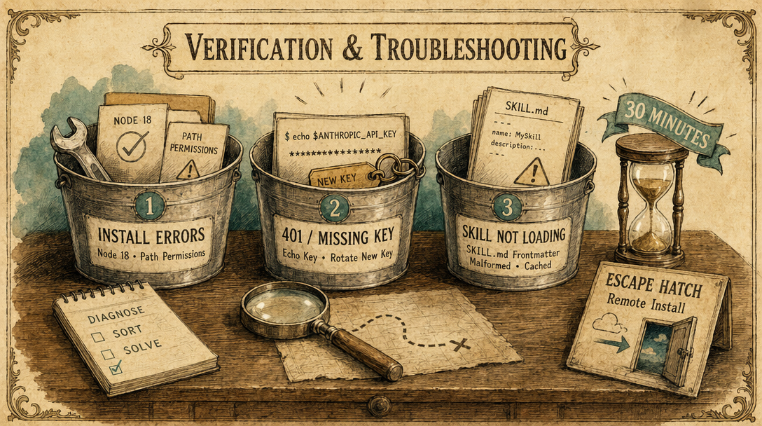 Aged paper vintage illustration of three diagnostic buckets for setup failures plus a remote-install escape hatch.
