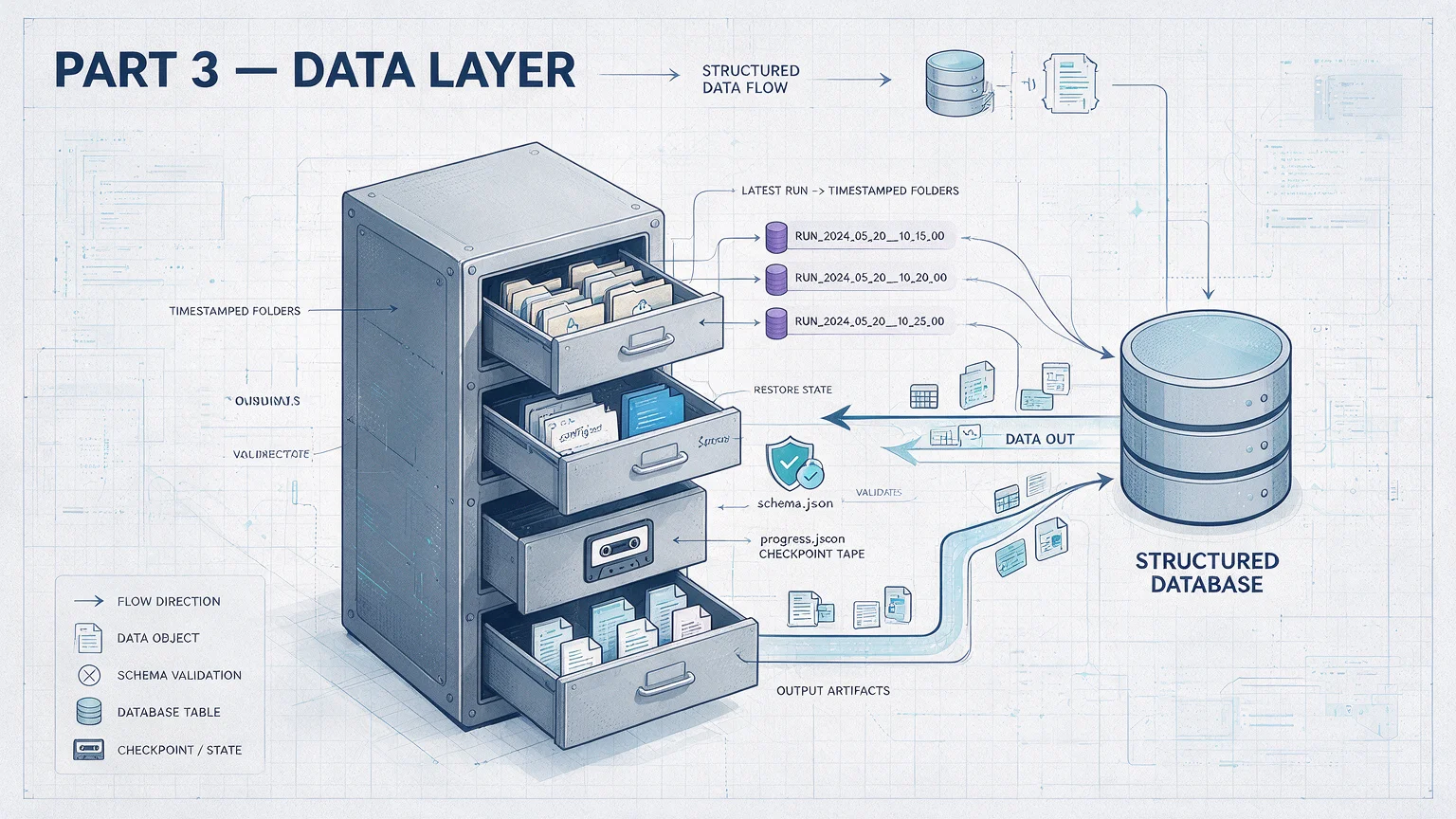 Skill data layer — run folders, schema validation, and checkpoint system