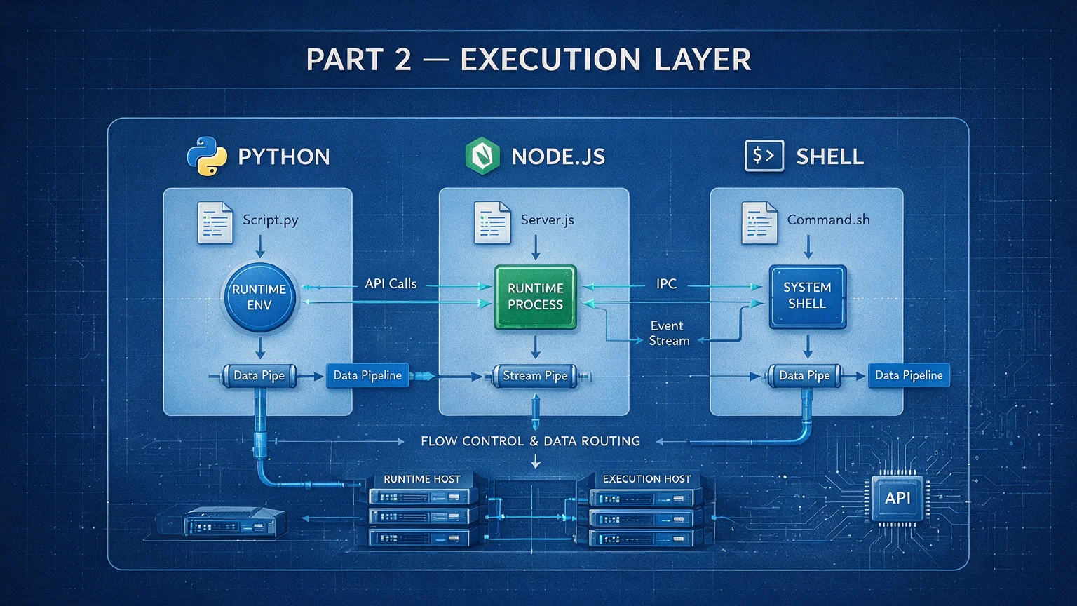 Skill execution layer — Python, Node.js, and Shell runtimes with data flow