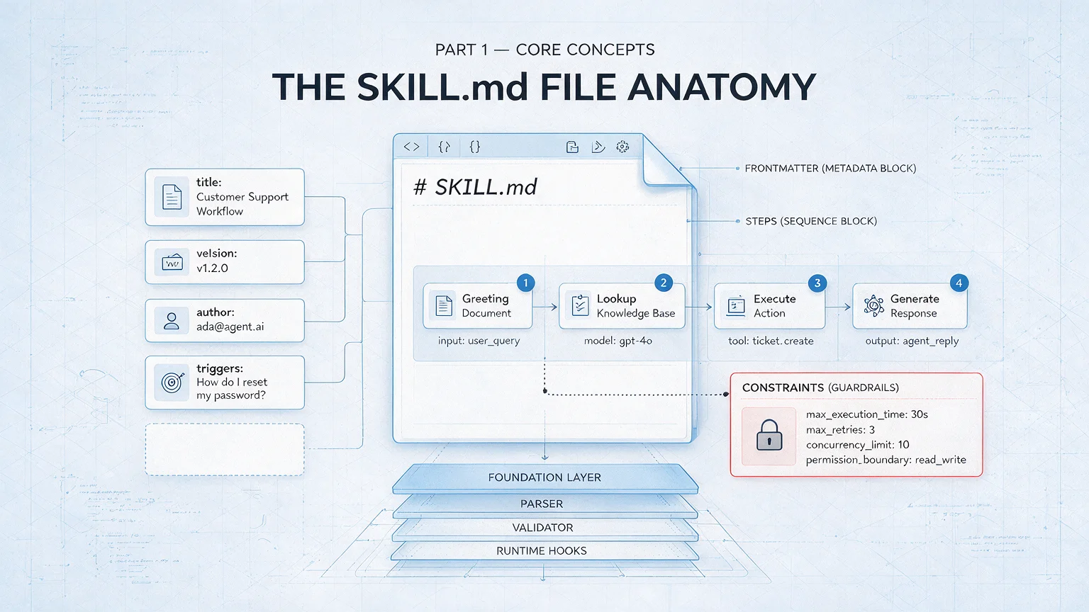 SKILL.md anatomy — frontmatter fields, step sequence, and constraints