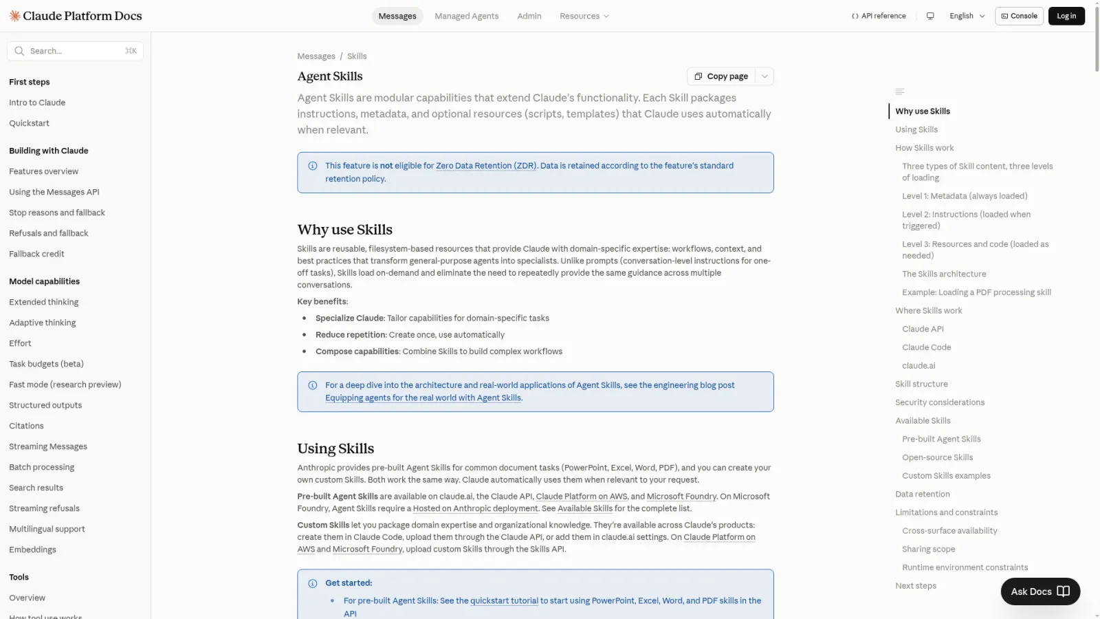 Agent Skills docs showing the three levels of skill content loading