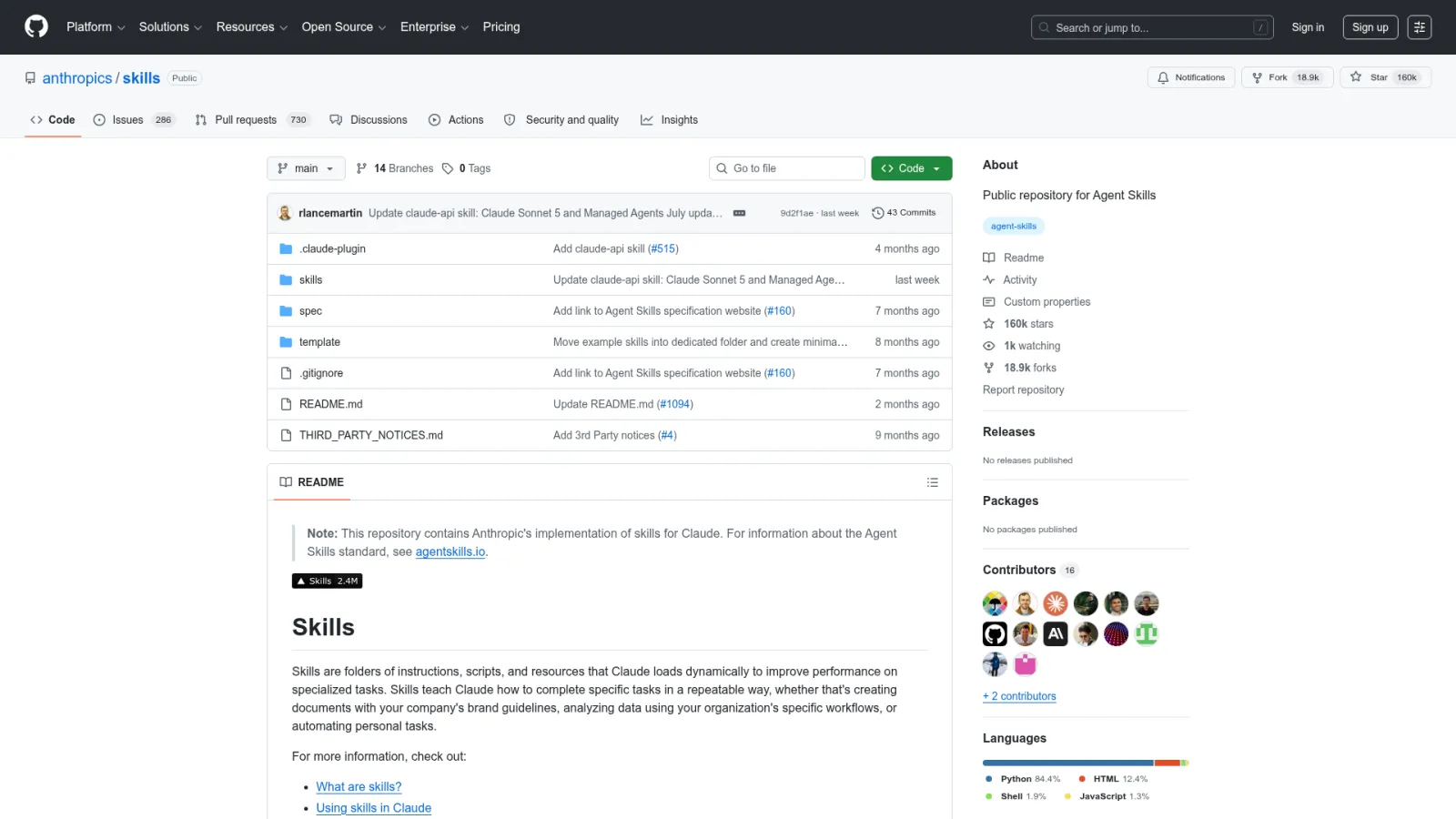 anthropics/skills GitHub repository, a public library of Agent Skills