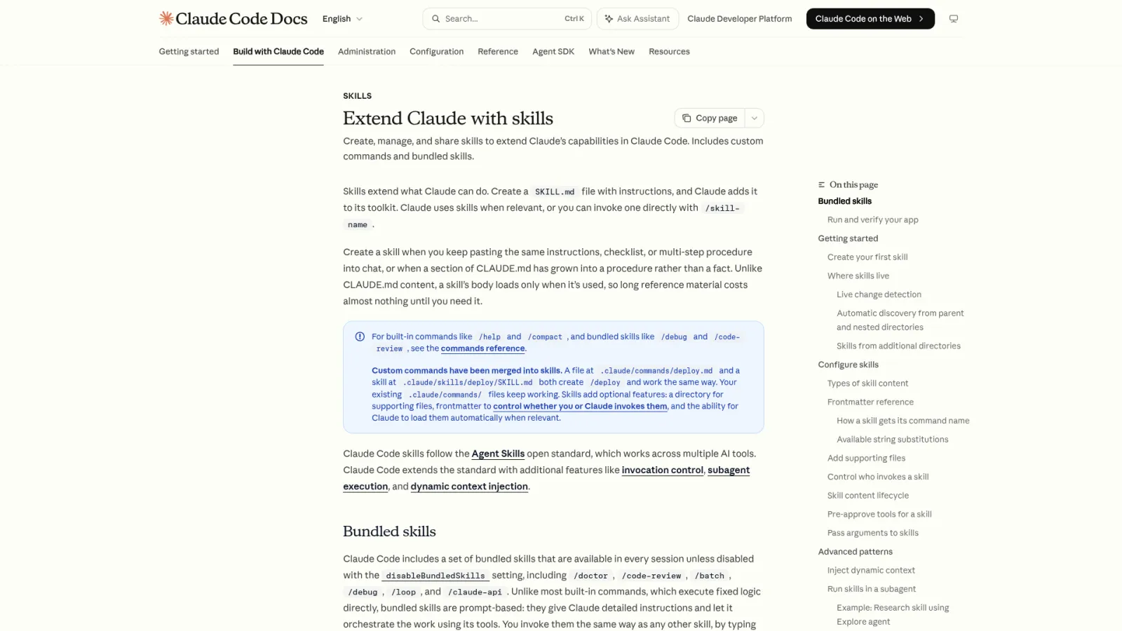 Claude Code docs on extending Claude with skills and SKILL.md files