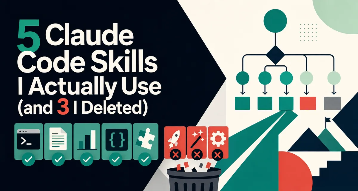 Geometric illustration cover for five Claude Code Skills that stuck and three that got deleted after three months of testing.