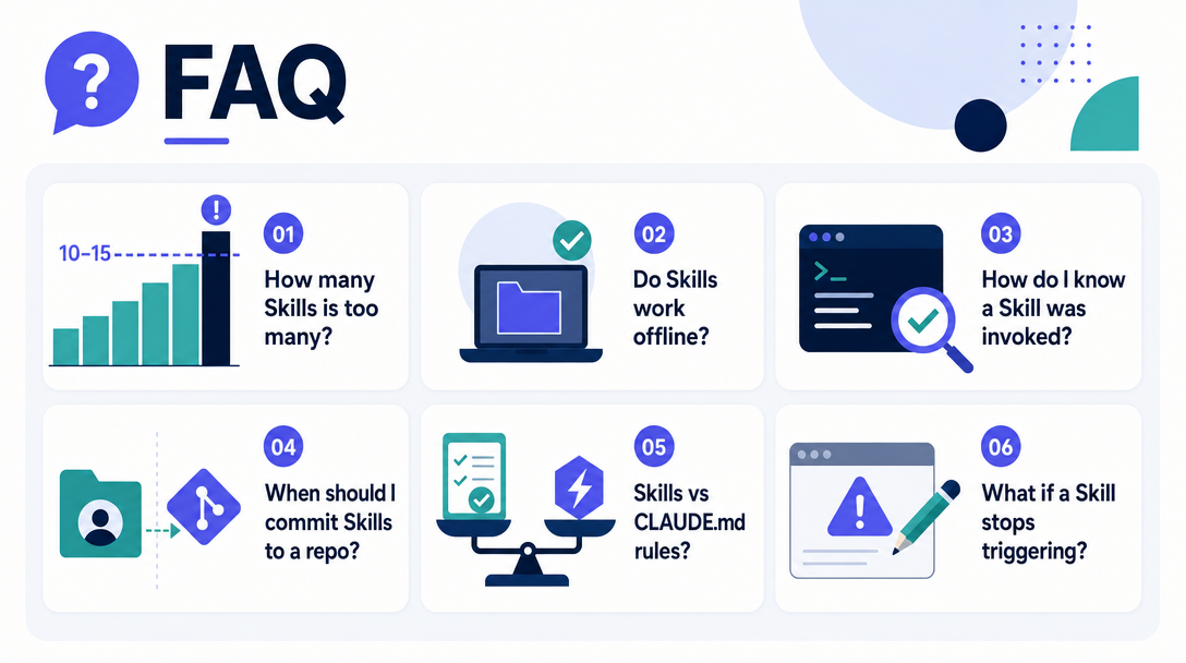 Geometric illustration of an FAQ panel with answers about Skill count, offline support, invocation checks, scope, CLAUDE.md vs Skills, and trigger fixes.
