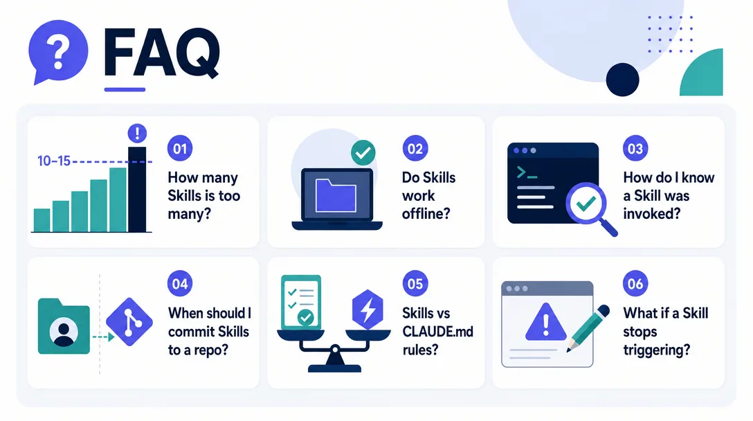 Geometric illustration of an FAQ panel with answers about Skill count, offline support, invocation checks, scope, CLAUDE.md vs Skills, and trigger fixes.