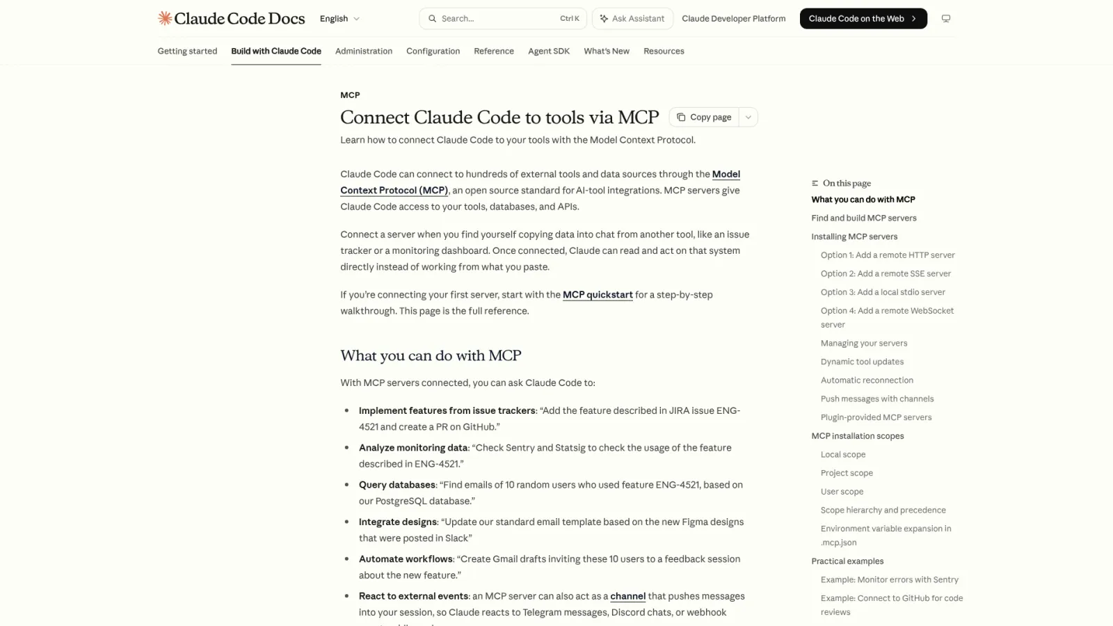 Claude Code docs on connecting tools via MCP for server-provided commands