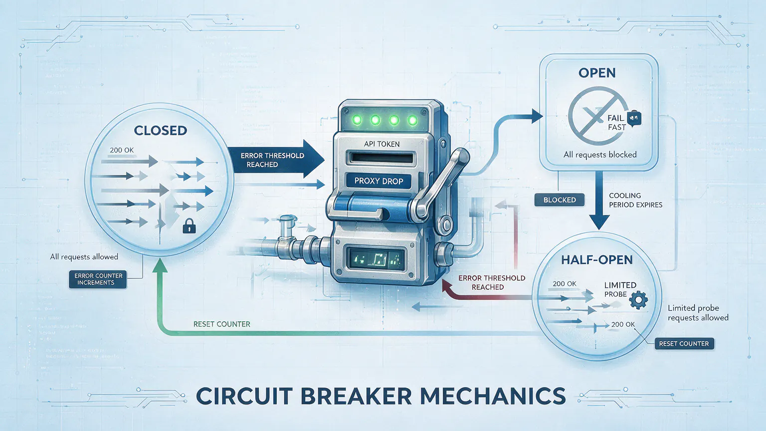 Circuit breaker states: closed, open, half-open with per-error thresholds