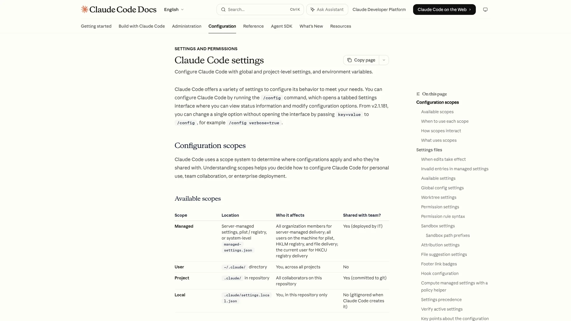 Claude Code settings docs showing config scopes and settings.json paths