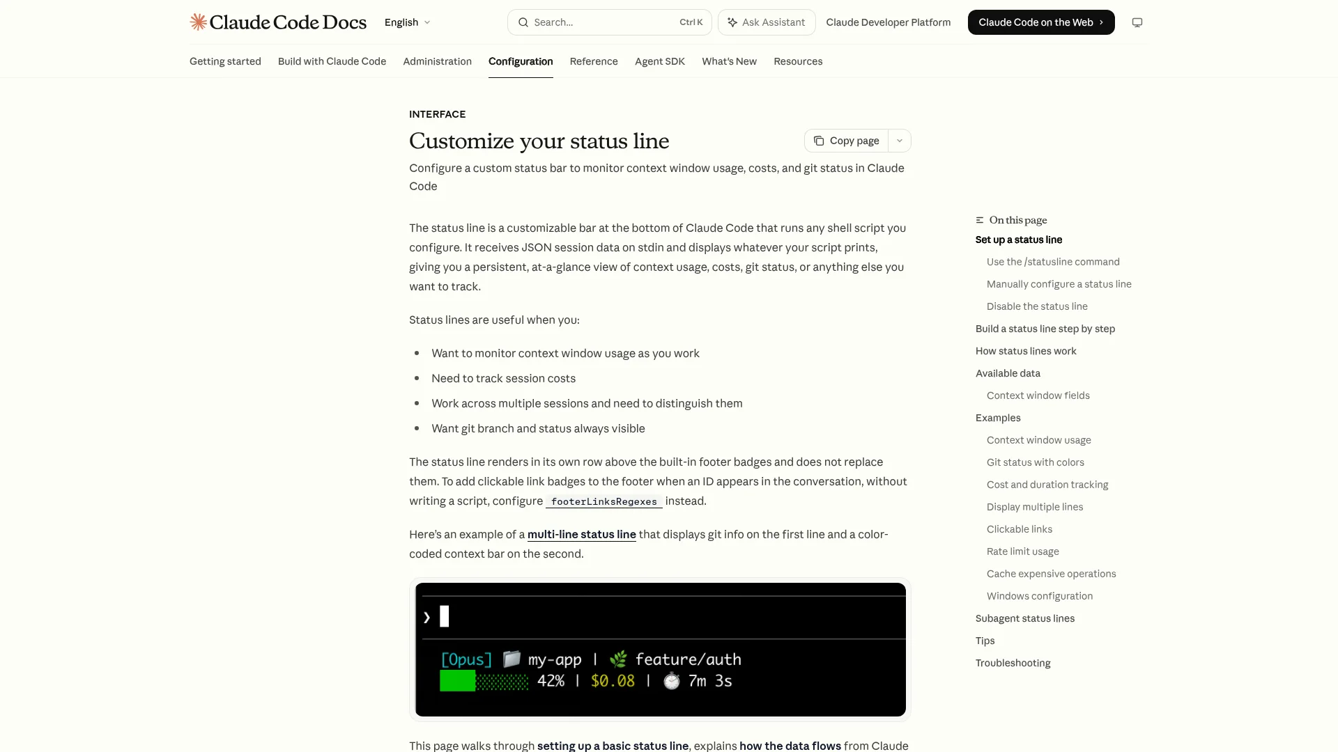 Claude Code status line docs page with a live 7-segment example bar