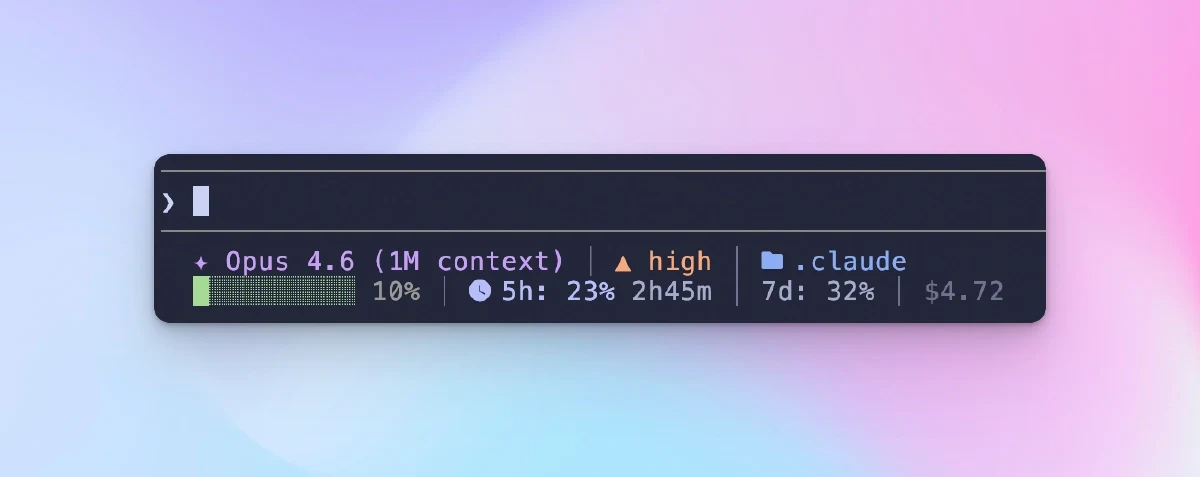 Custom Claude Code statusline showing model, context, 5h/7d quota and cost