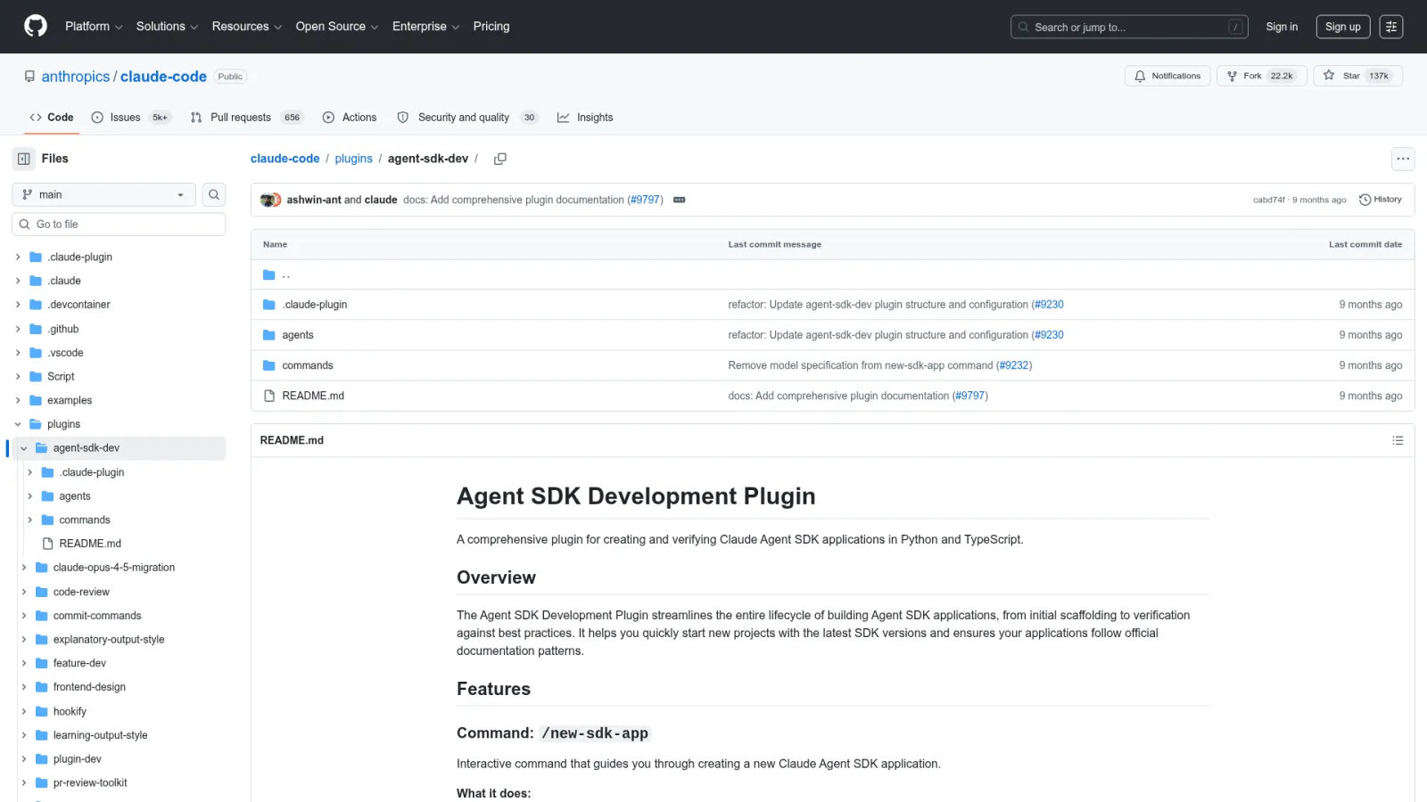 anthropics/claude-code agent-sdk-dev plugin containing agents and commands