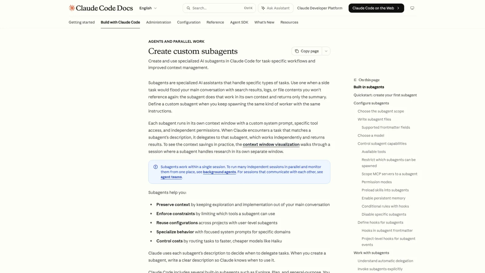Claude Code docs on creating custom subagents with isolated context windows