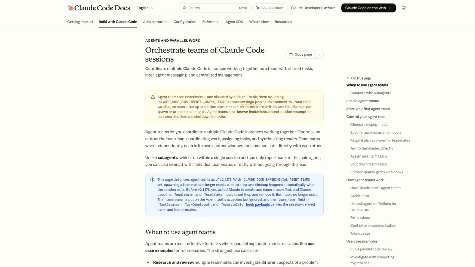 Claude Code docs on orchestrating teams of multiple agent sessions