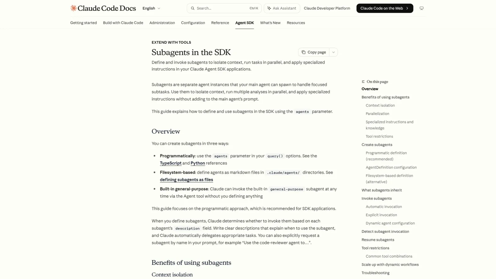 Claude Agent SDK docs on defining and invoking subagents in code