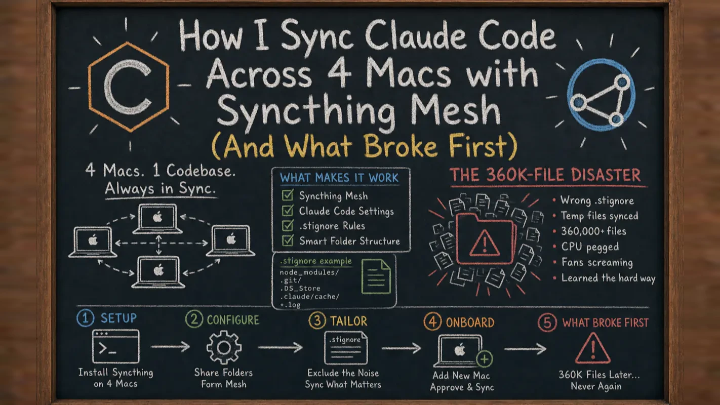 Chalkboard diagram of a four-Mac Syncthing mesh syncing Claude Code config with .stignore rules